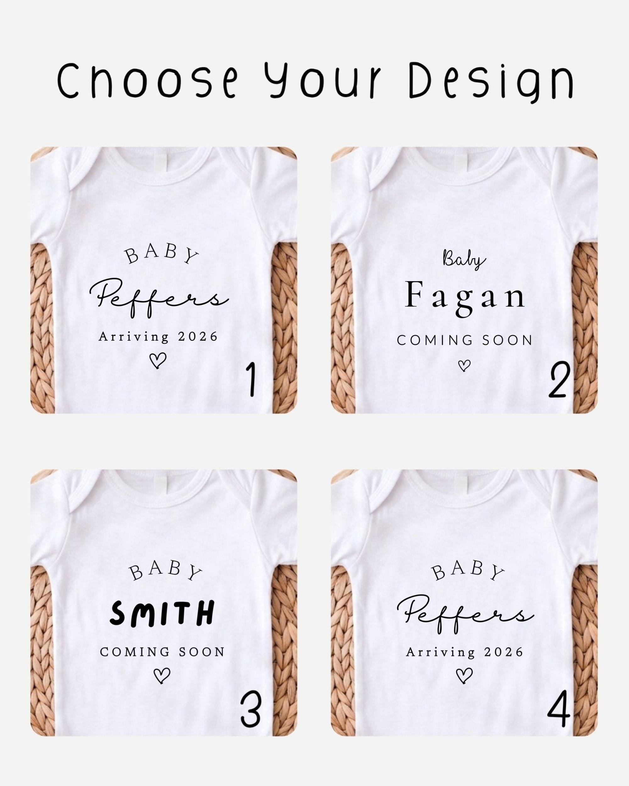 four baby shirts with text indicating the names of the babies and the arrival date of the babies.