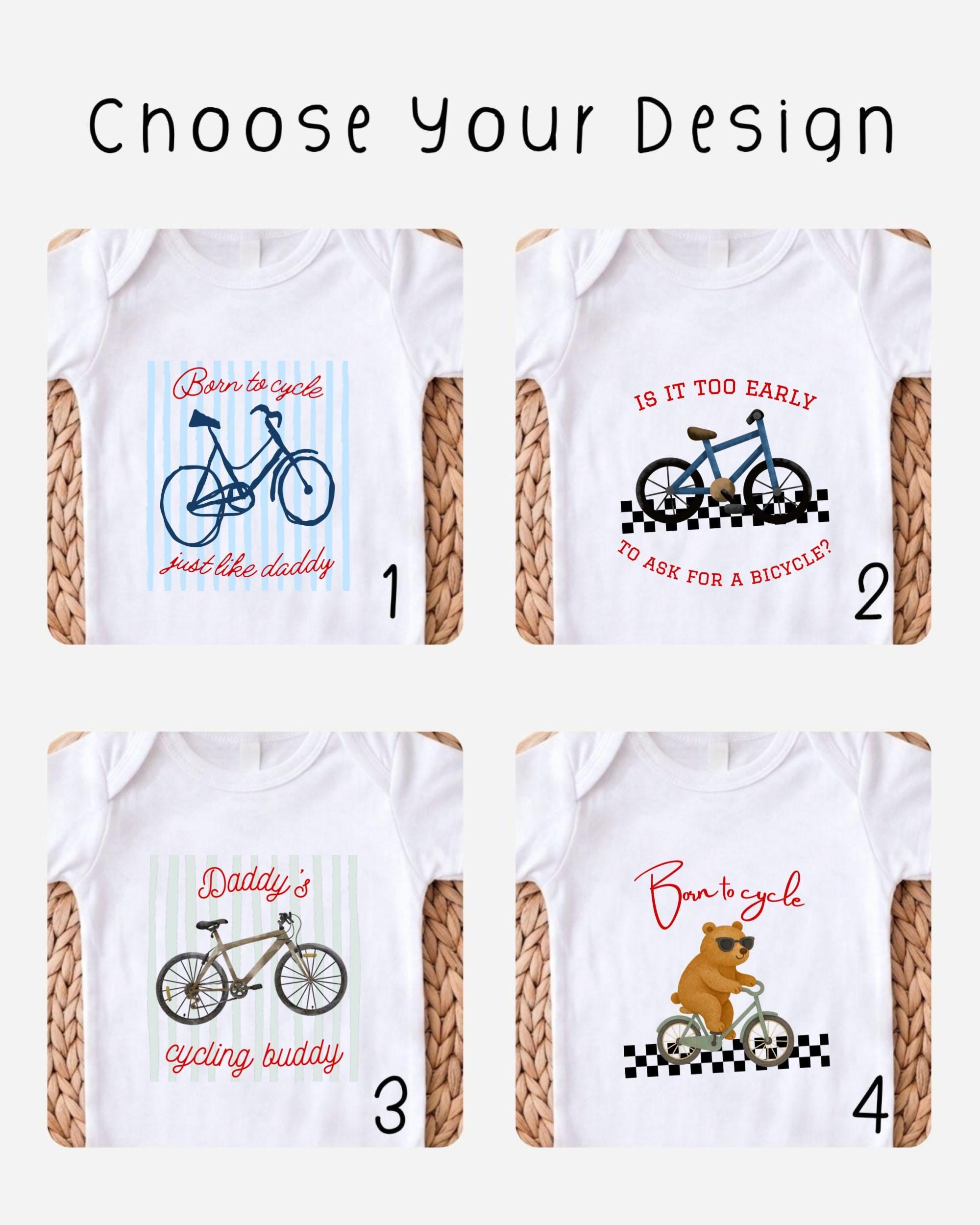 four different t-shirt designs featuring bicycles and bears, each with a unique message or phrase related to cycling.