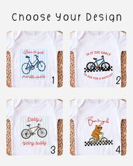 four different t-shirt designs featuring bicycles and bears, each with a unique message or phrase related to cycling.