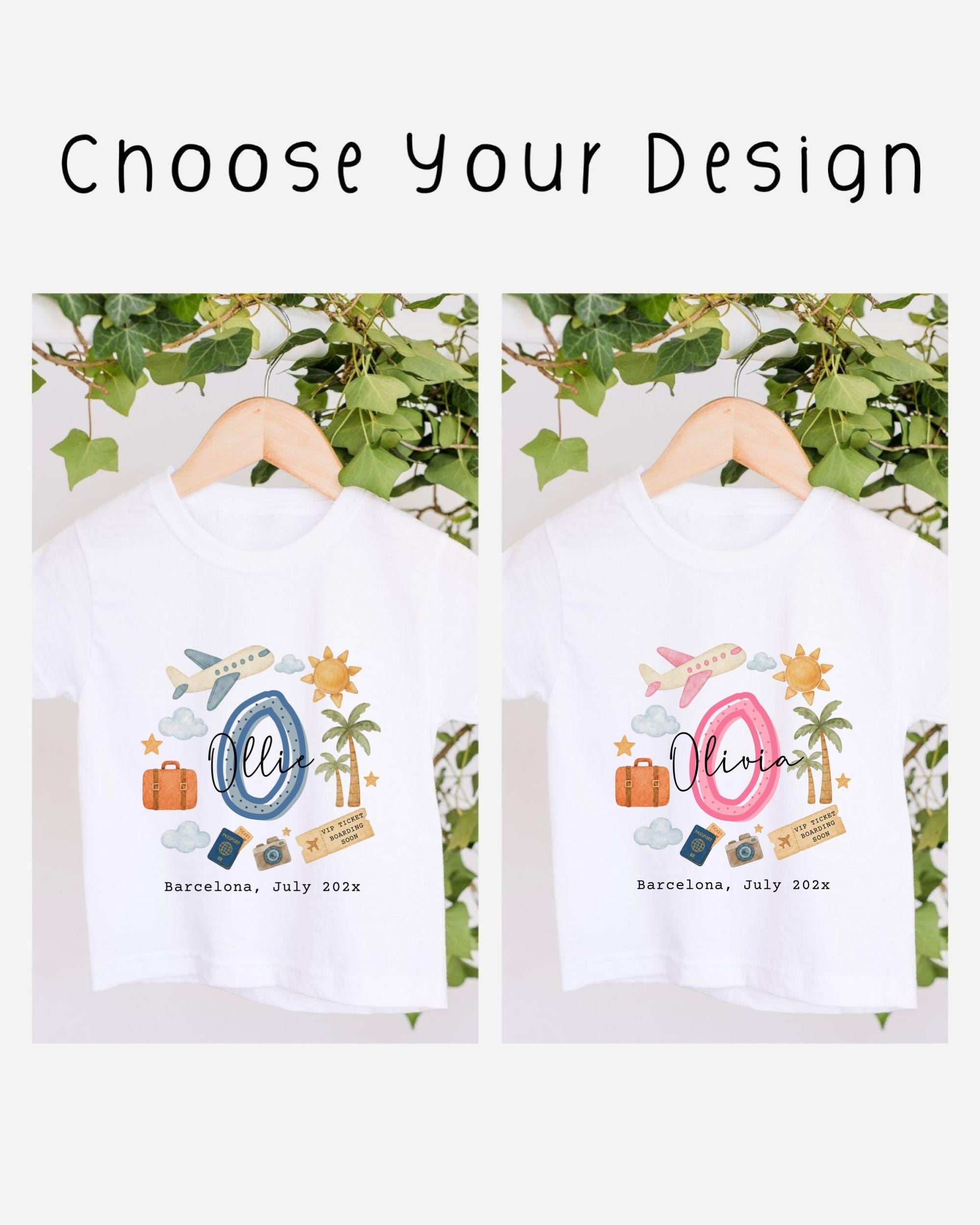 two white t-shirts with personalized designs, hanging on a wooden hanger. The designs include a blue airplane, a pink airplane, a suitcase, a palm tree, and a sun. The text on the t-shirts reads "Olivia Barcelona July 2026".