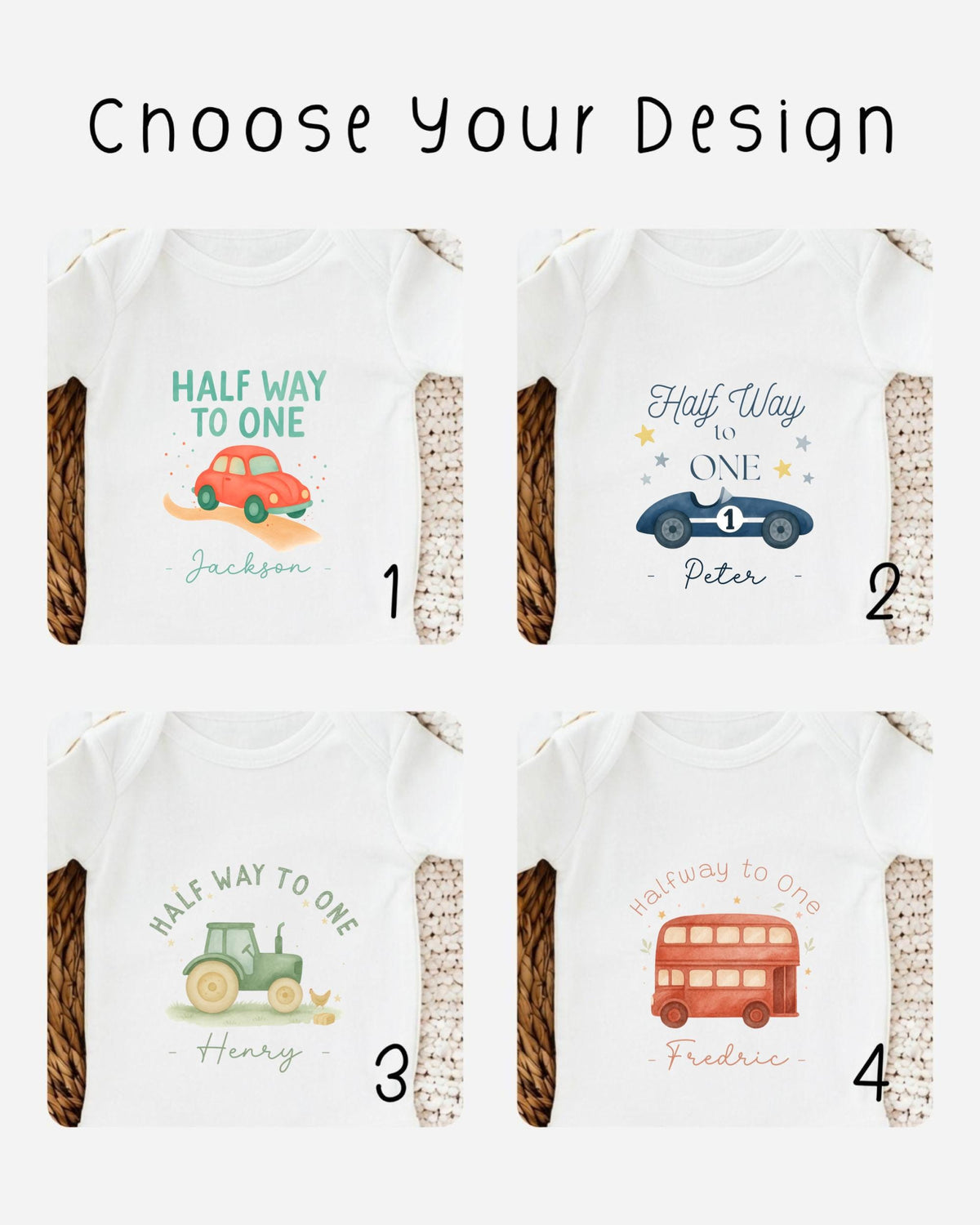 four different t-shirt designs, each featuring a unique theme and character. The designs include a half-way car, a half-way bus, a half-way tractor, and a half-way horse. The t-shirts are labeled with the names Jackson and Peter, and the designs are intended for children.