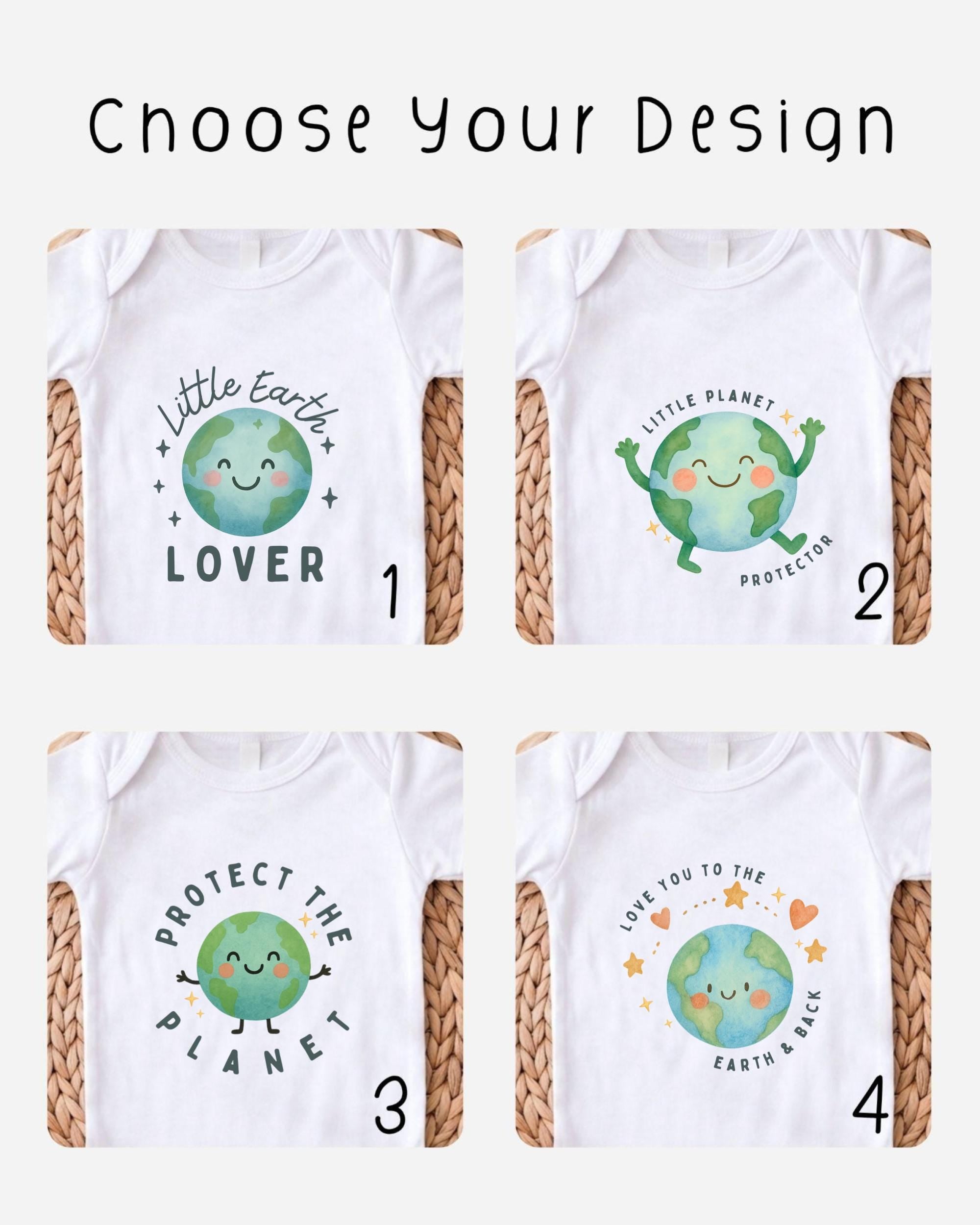 four different baby onesies with various designs related to the theme of protecting the planet.
