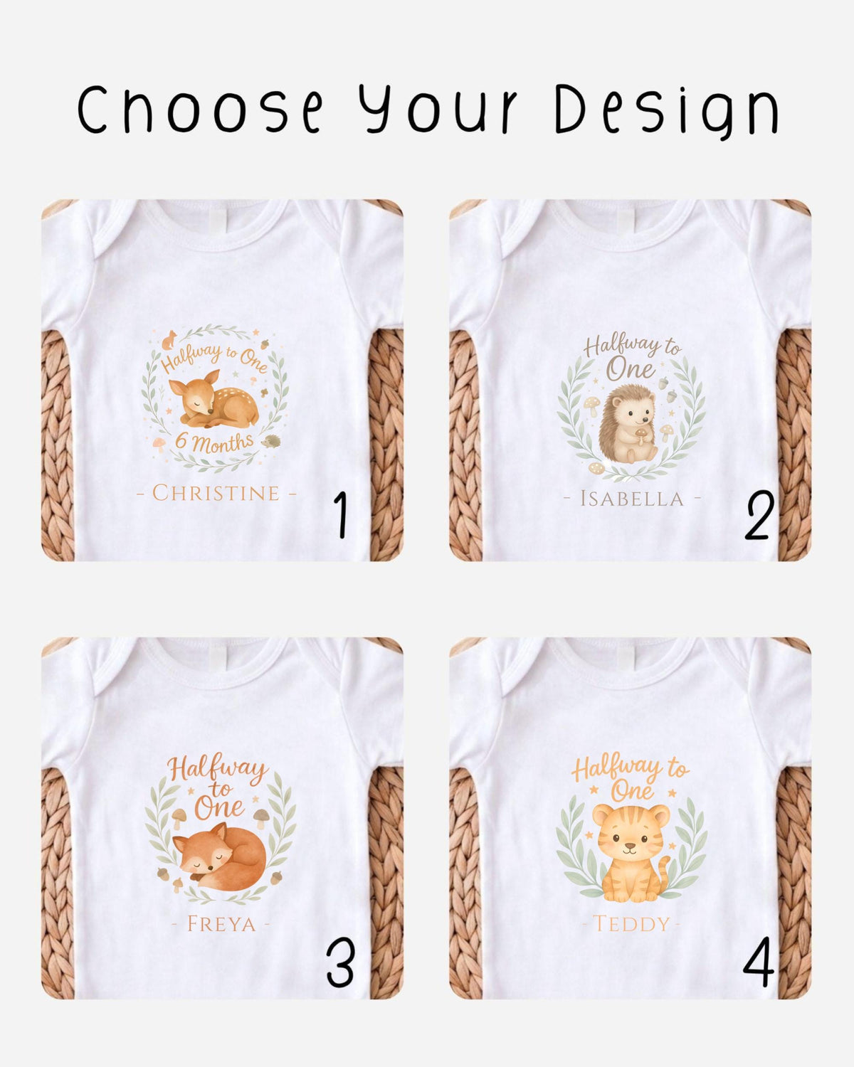 four different baby t-shirt designs featuring animals, with each design featuring a different animal and a name.
