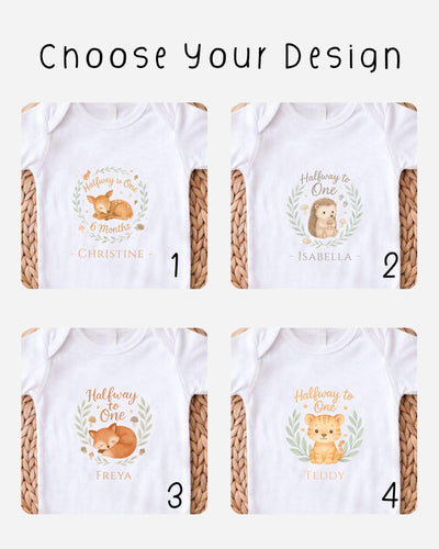 four different baby t-shirt designs featuring animals, with each design featuring a different animal and a name.
