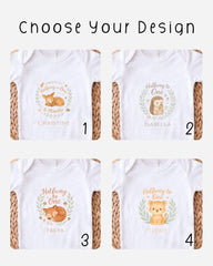 four different baby t-shirt designs featuring animals, with each design featuring a different animal and a name.
