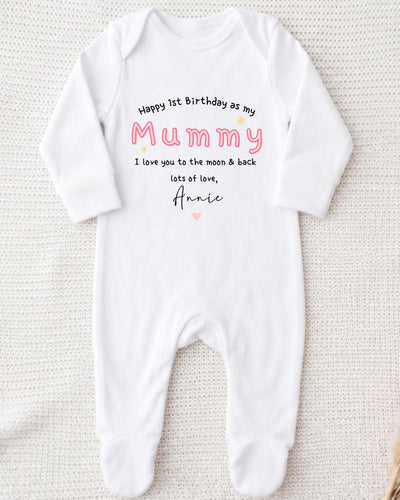 A white onesie with a personalized message printed on it.