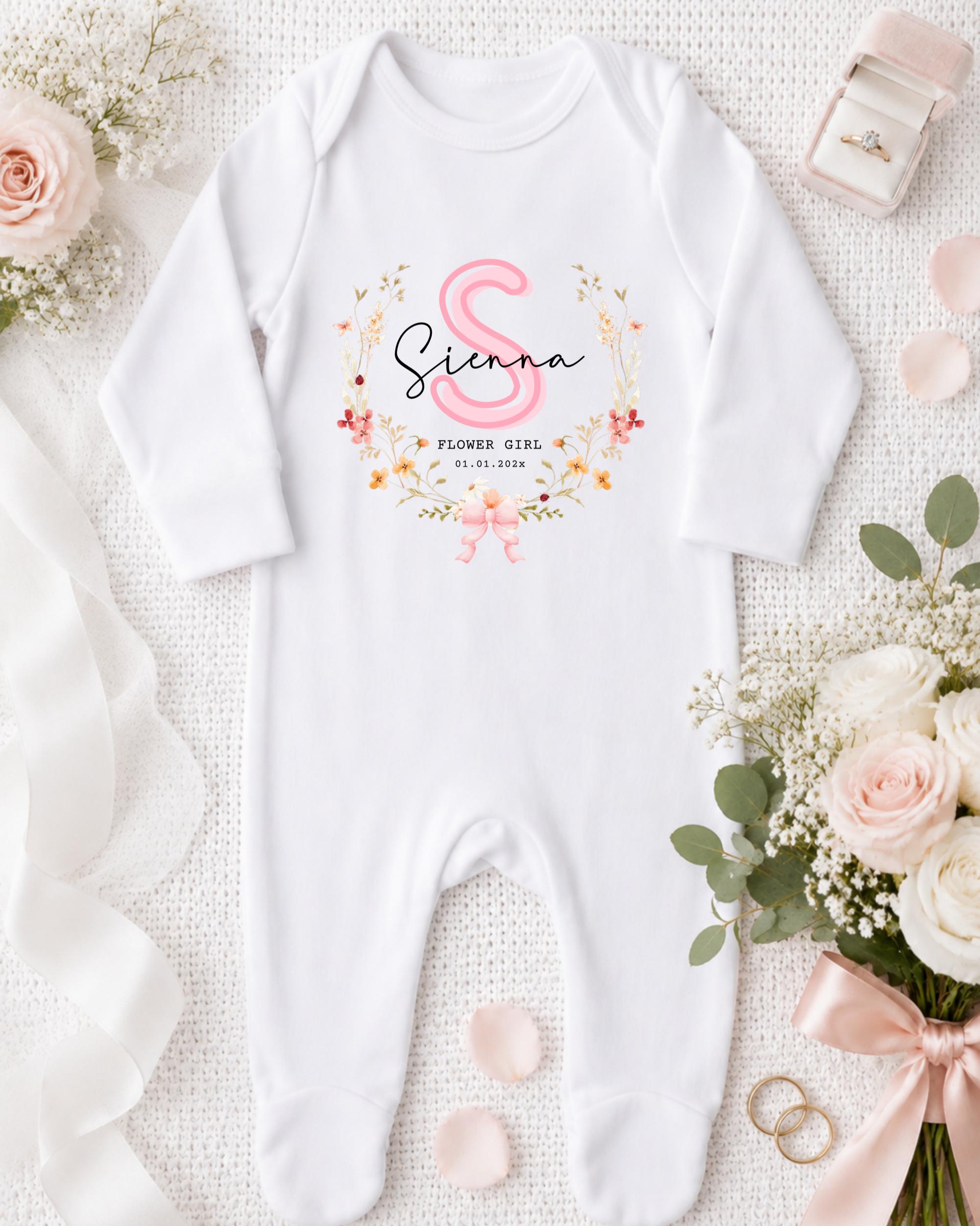A white onesie with a pink floral design and the text "Siena Flower Girl" is displayed on a white background, accompanied by a pink ribbon, a ring box, and a bouquet of white flowers.