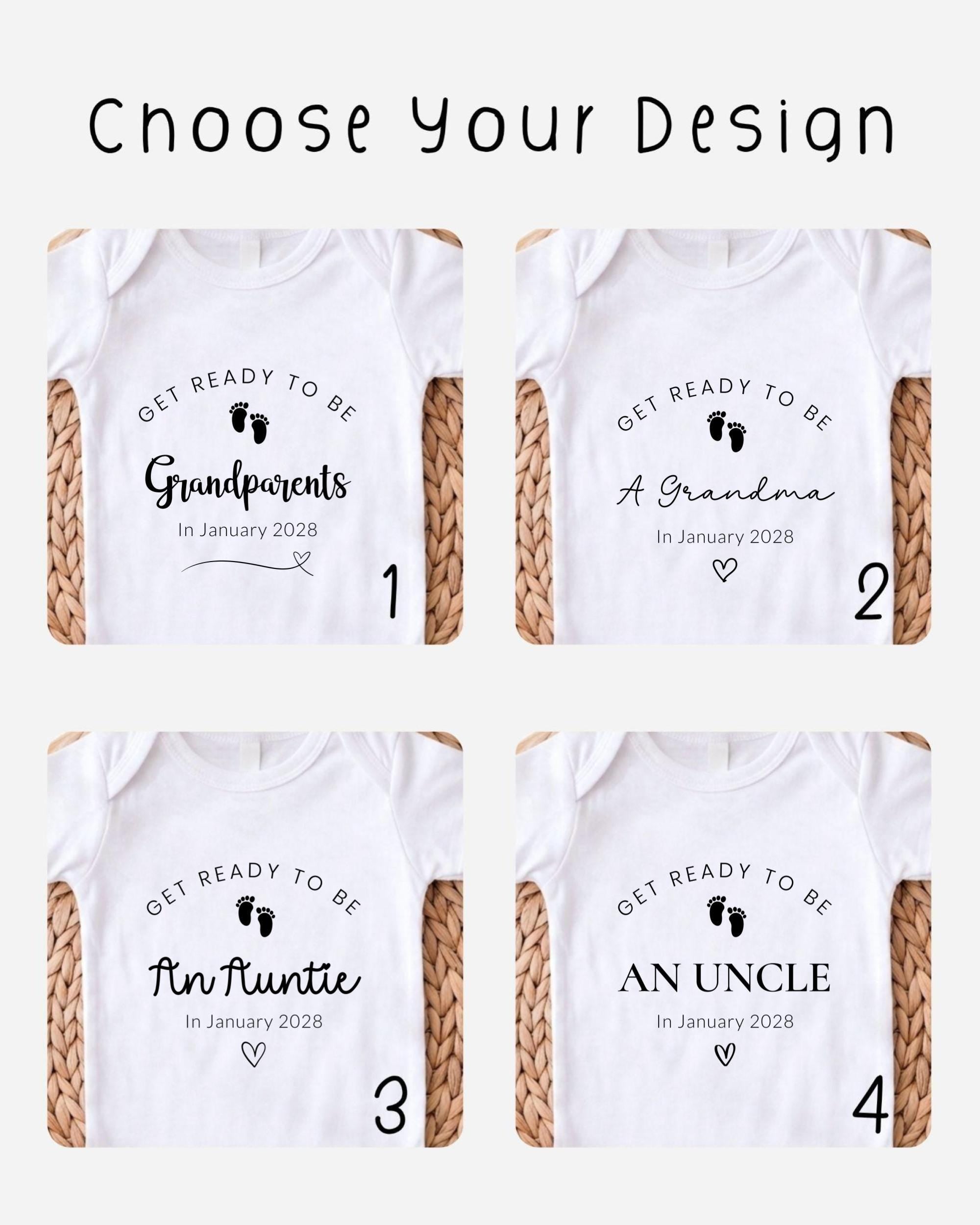 four white t-shirts with text and baby footprints printed on them, indicating the names of grandparents, an uncle, and an auntie.