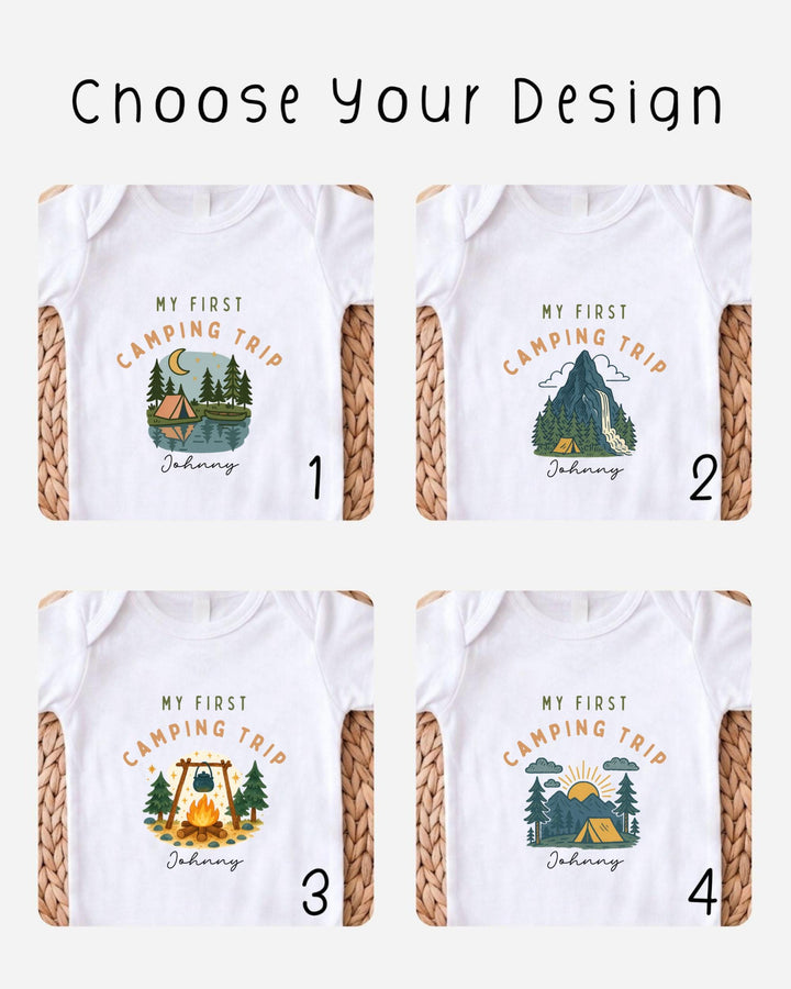 four different t-shirt designs featuring the phrase "My first camping trip" and illustrations of camping scenes.