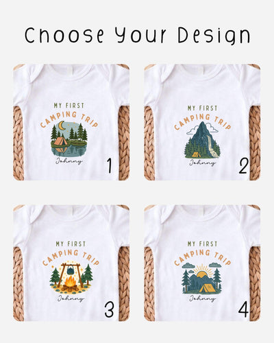 four different t-shirt designs featuring the phrase "My first camping trip" and illustrations of camping scenes.
