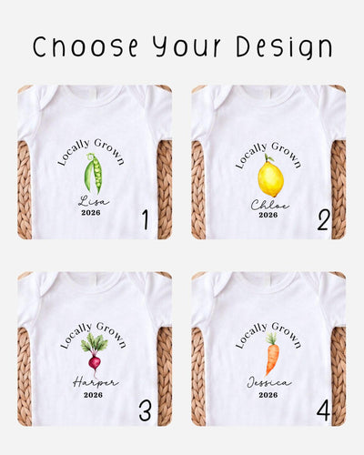 four different white t-shirts with the text "Locally Grown" printed on them, along with illustrations of various vegetables such as a carrot, a radish, and a lemon.