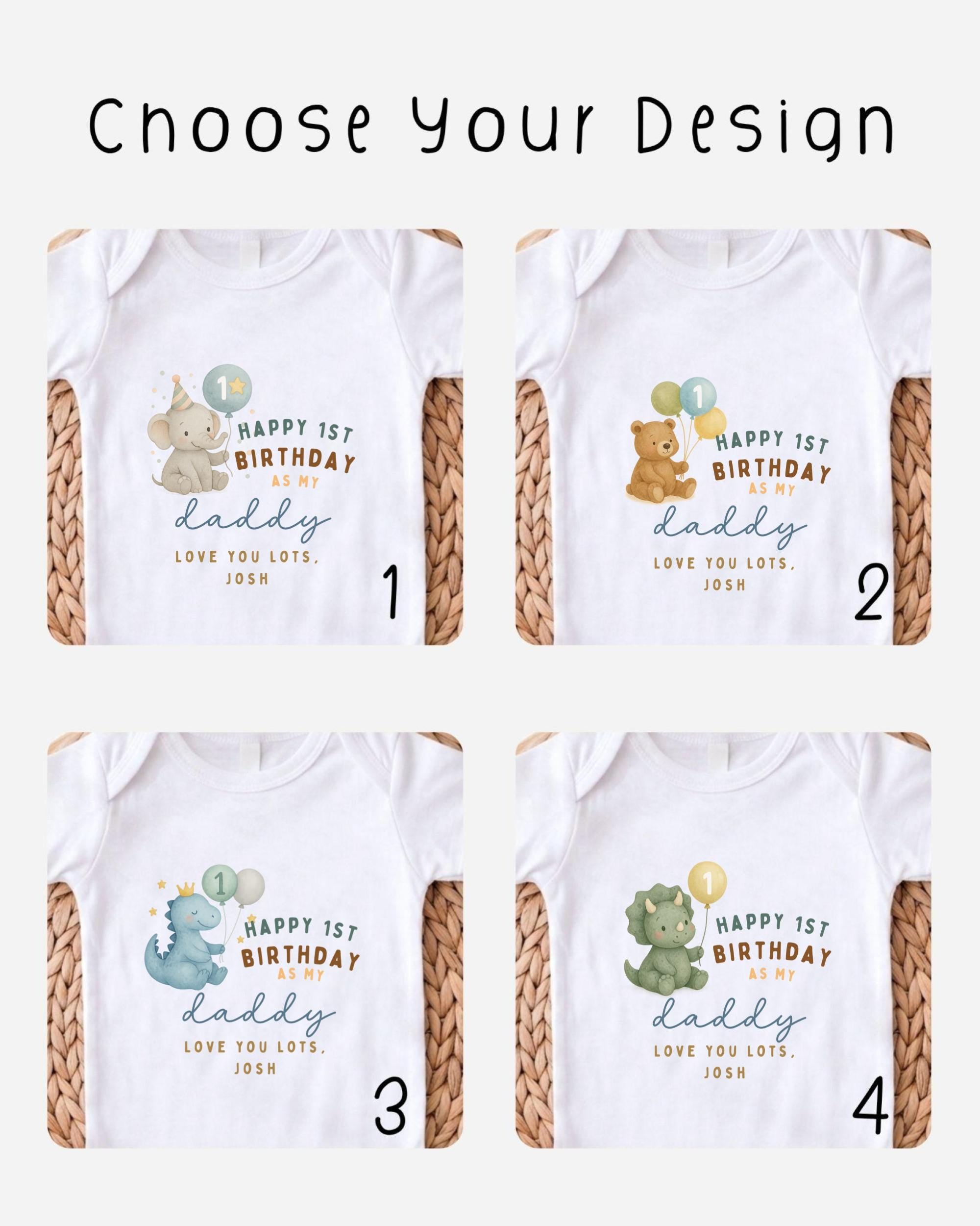 four different t-shirt designs for a "Happy 1st Birthday" theme, featuring cartoon animals such as elephants, bears, and dinosaurs.