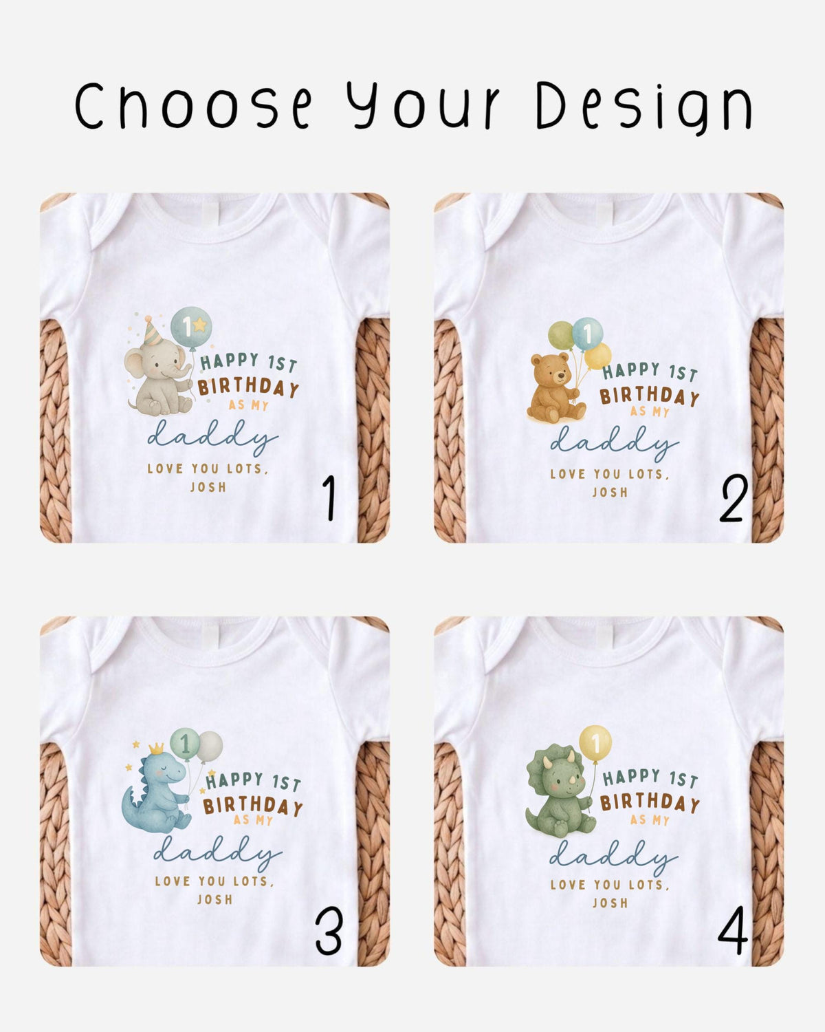 four different t-shirt designs for a "Happy 1st Birthday" theme, featuring cartoon animals such as elephants, bears, and dinosaurs.