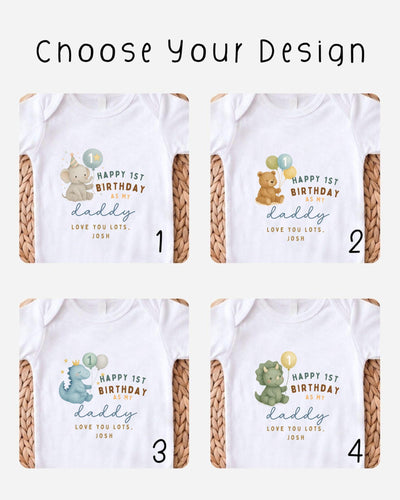 four different t-shirt designs for a "Happy 1st Birthday" theme, featuring cartoon animals such as elephants, bears, and dinosaurs.