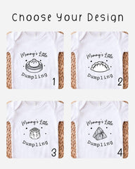 four different designs of t-shirts, each featuring a unique illustration of a dumpling. The designs are labeled "Mummy's Little Dumpling" and are numbered 1 through 4, indicating the order in which they appear on the t-shirts.