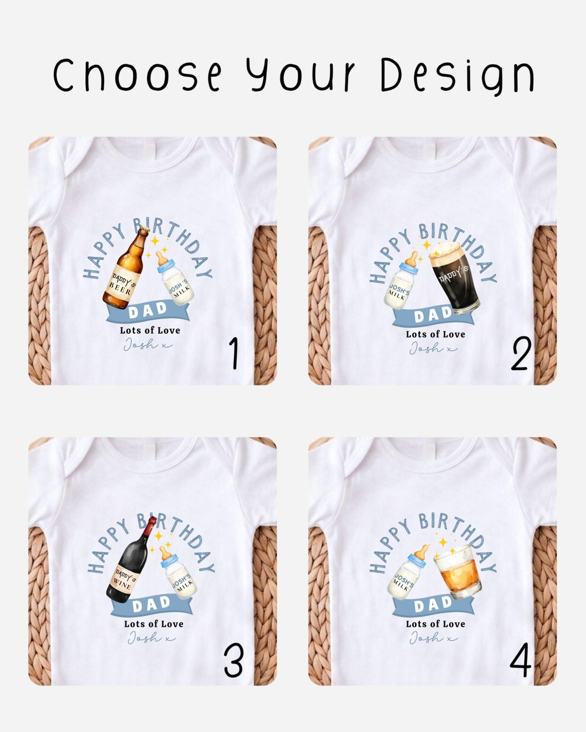 four different t-shirt designs featuring birthday-themed graphics and text.