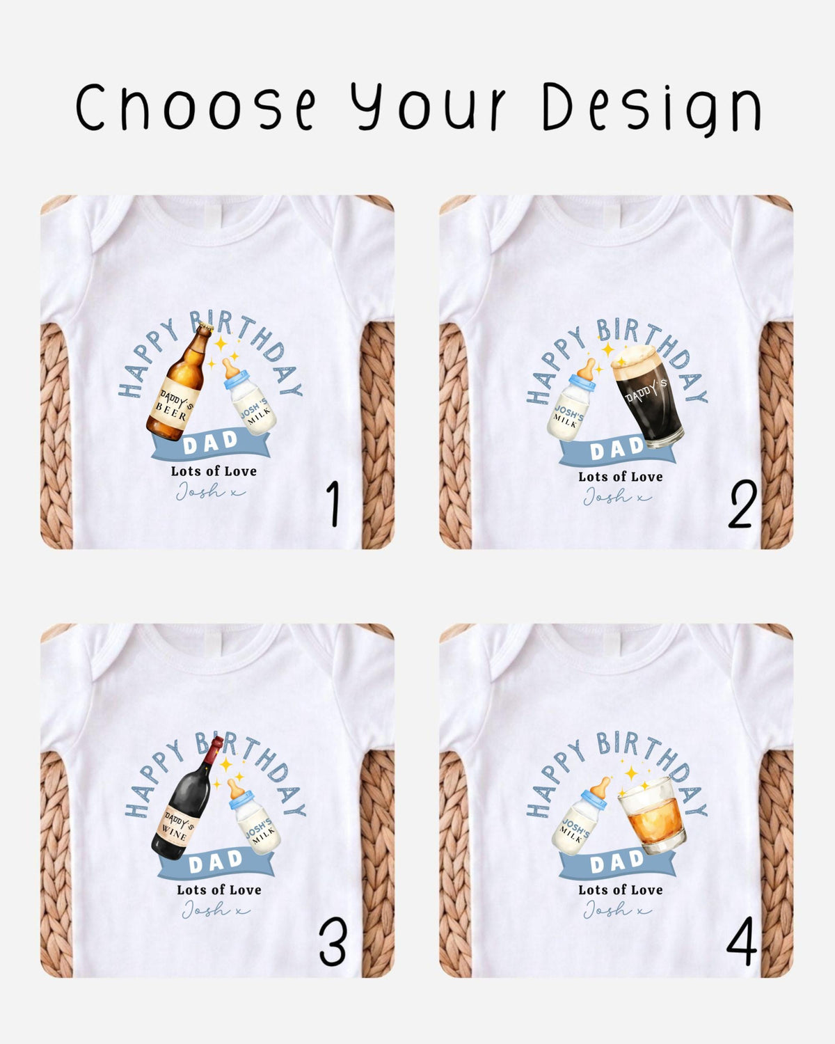four different t-shirt designs featuring birthday-themed graphics and text.