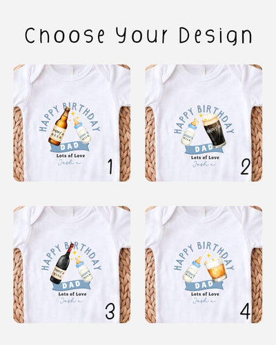 four different t-shirt designs featuring birthday-themed graphics and text.