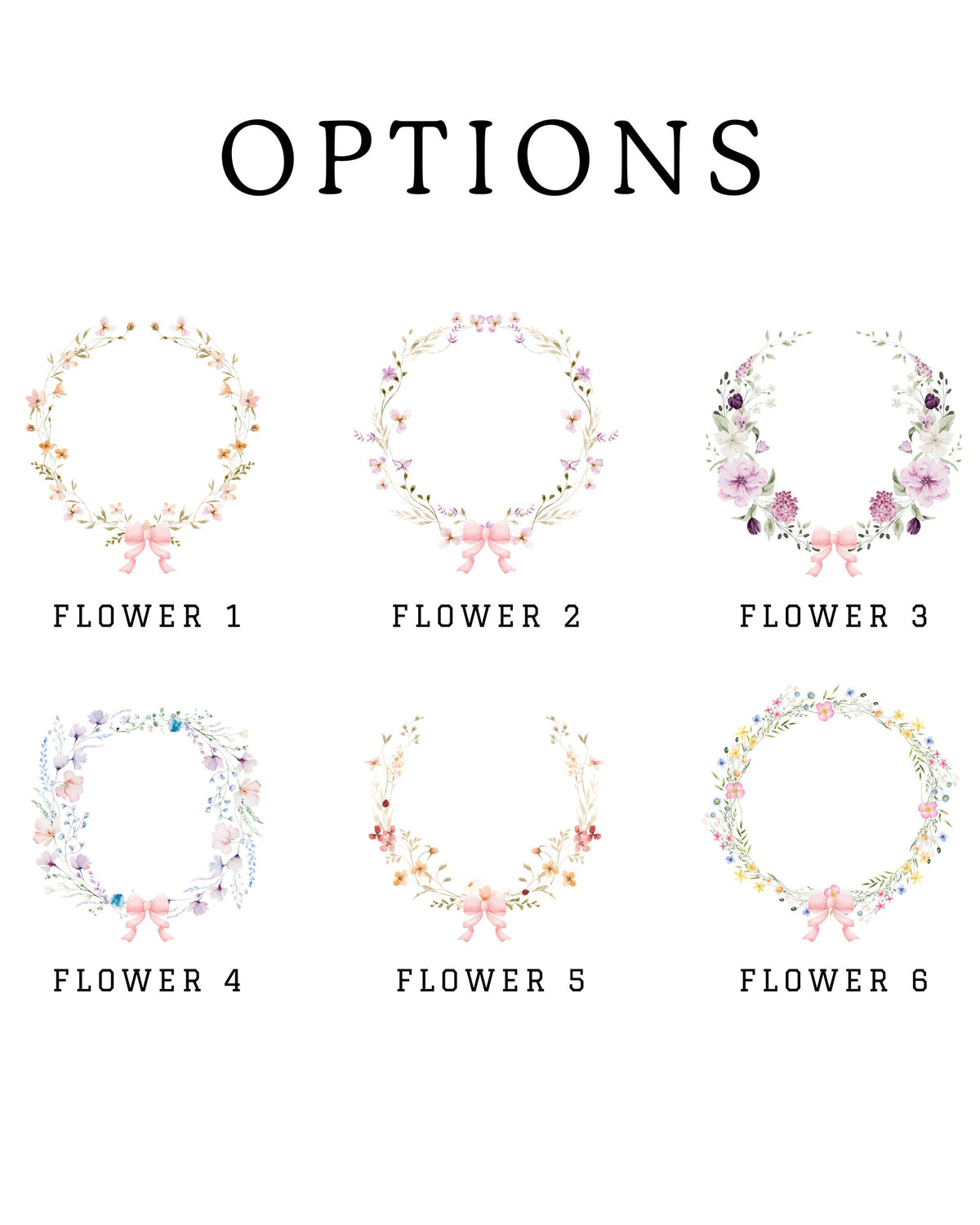 six floral wreaths of different sizes and colors, each with a unique design and arrangement of flowers.
