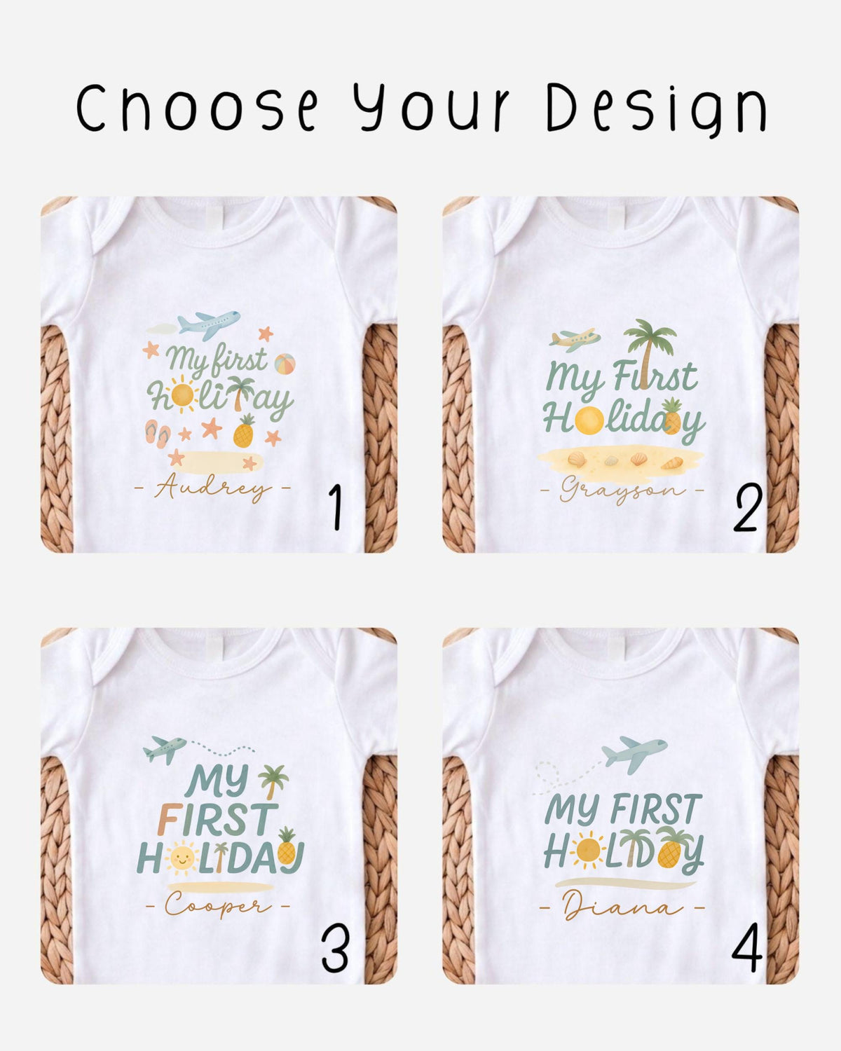 four different t-shirt designs with the text "My first holiday" printed on them.