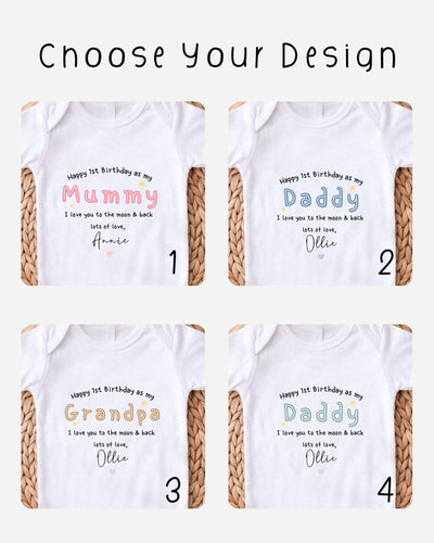 four different t-shirt designs with personalized messages for a first birthday celebration.