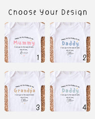 four different t-shirt designs with personalized messages for a first birthday celebration.