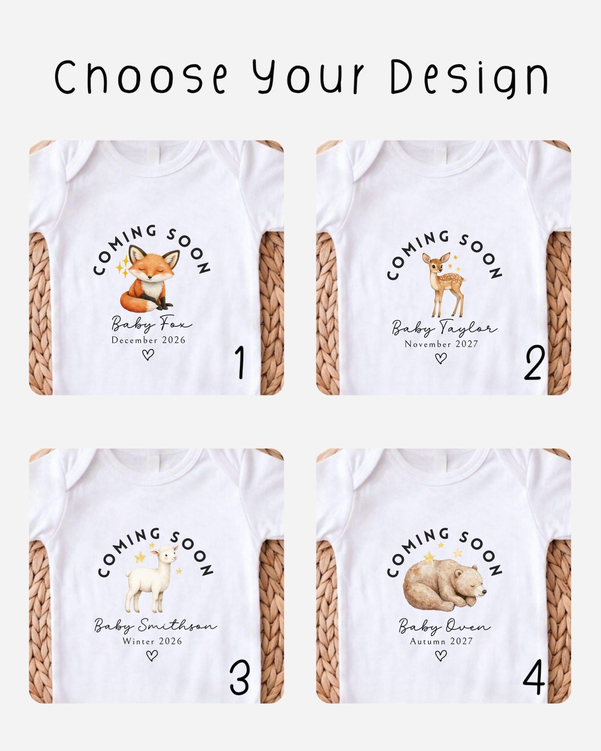 four different t-shirt designs with the text "Coming Soon" and the names "Baby Fox" and "Baby Taylor" printed on them.