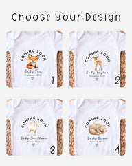 four different t-shirt designs with the text "Coming Soon" and the names "Baby Fox" and "Baby Taylor" printed on them.