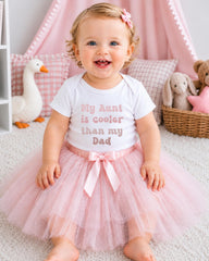 A smiling baby girl wearing a white t-shirt with text and a pink tutu sits on a white carpet, surrounded by stuffed animals and a pink canopy.