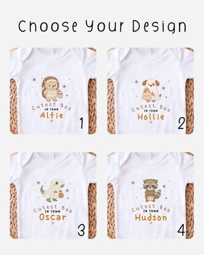 four different t-shirt designs featuring cartoon animals, including a hedgehog, a dog, a cat, and a raccoon, along with the text "Cutest Boo in Town" and the names "Alfie", "Hollie", " Oscar", and " Hudson".