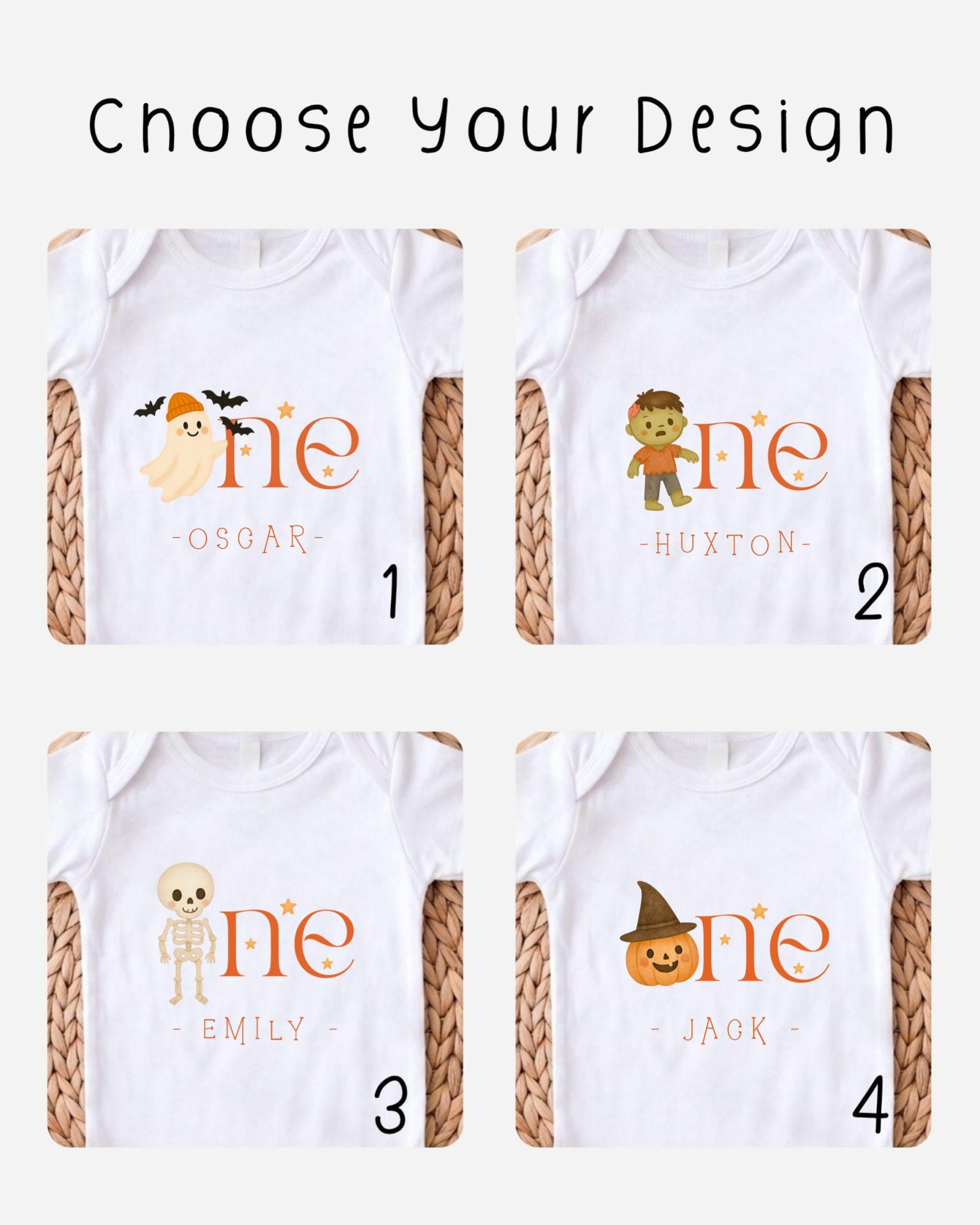 four different t-shirt designs featuring cartoon characters, including a ghost, skeleton, pumpkin, and a witch.