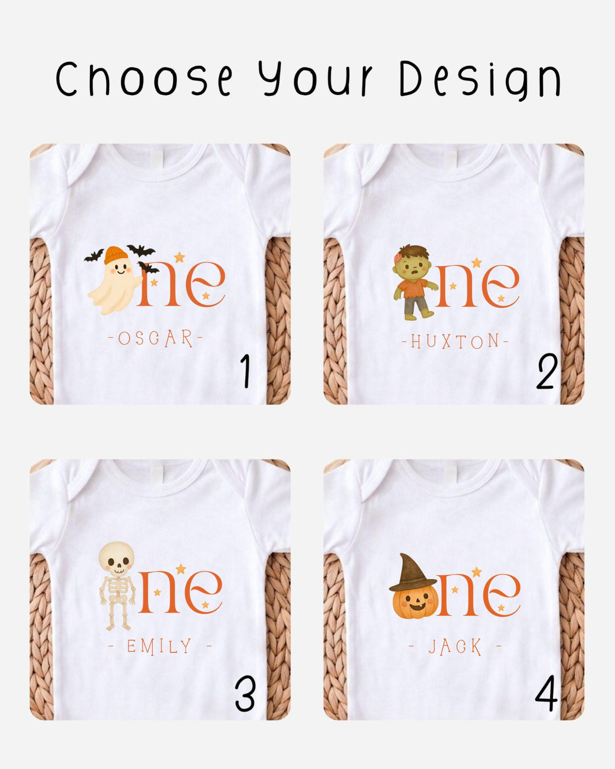 four different t-shirt designs featuring cartoon characters, including a ghost, skeleton, pumpkin, and a witch.