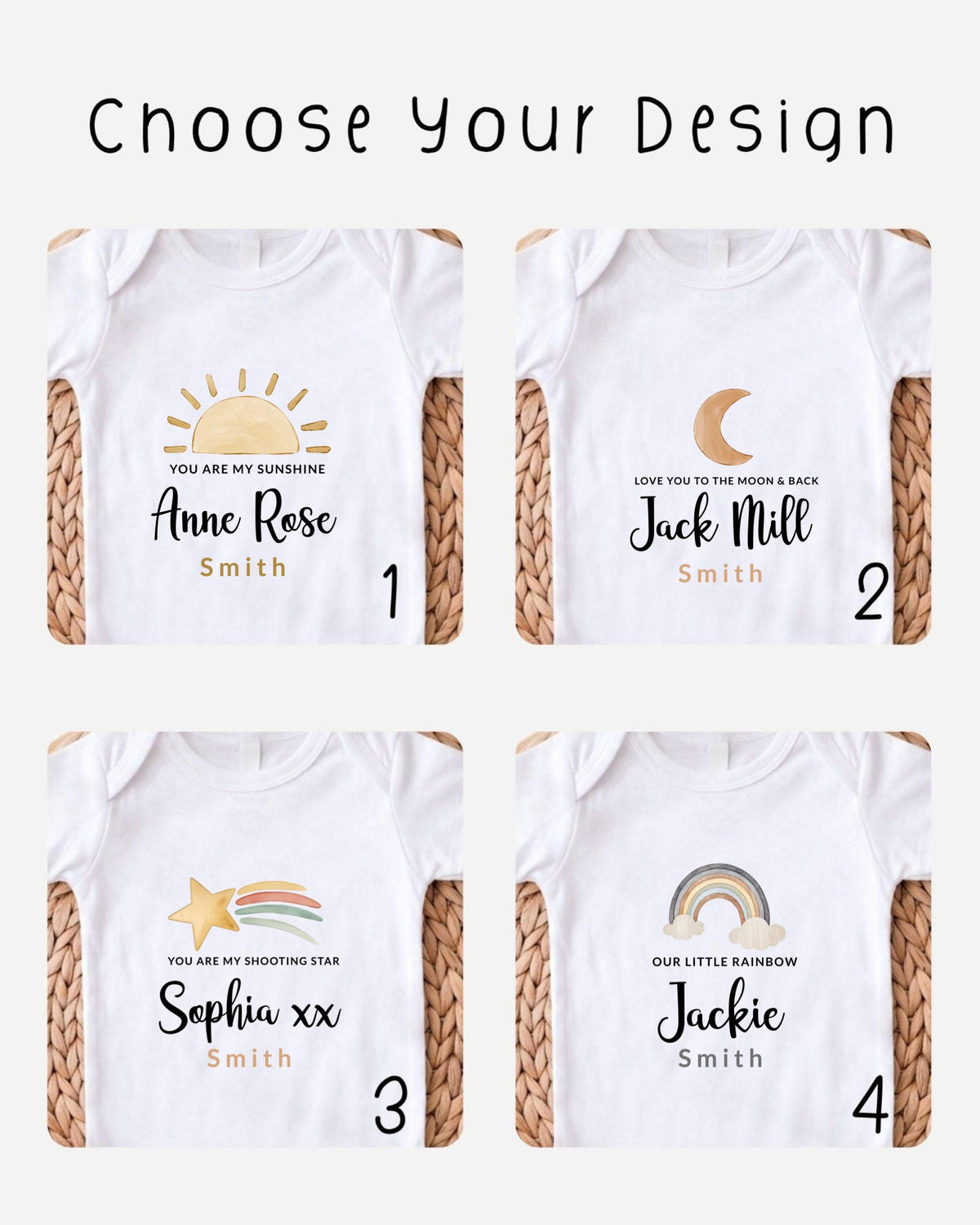 four different white t-shirts with personalized text and illustrations, each representing a different name and a different design.