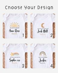 four different white t-shirts with personalized text and illustrations, each representing a different name and a different design.