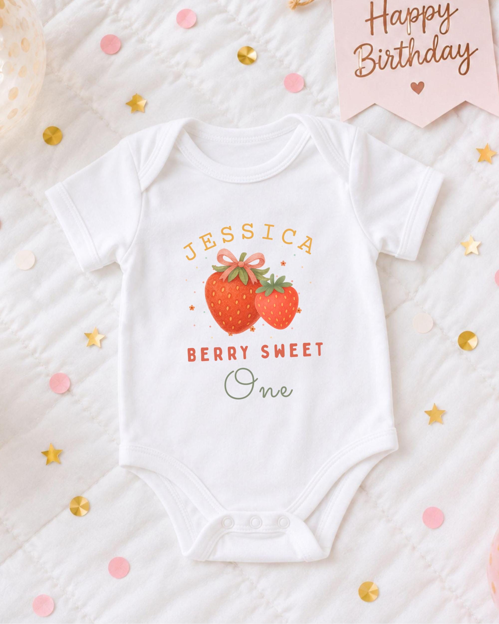 A white onesie with a design of strawberries and the text "JESSICA BERRY SWEET One" printed on it, placed on a bed with confetti and a birthday card.