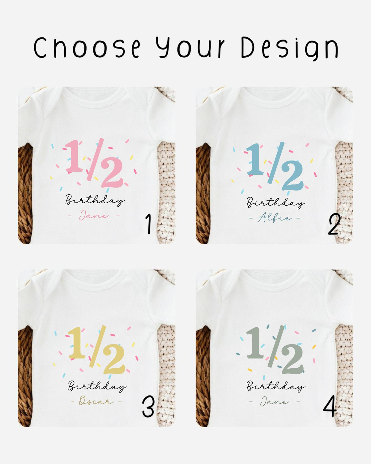 four different white t-shirts with birthday designs and numbers printed on them, indicating the age of the wearer.
