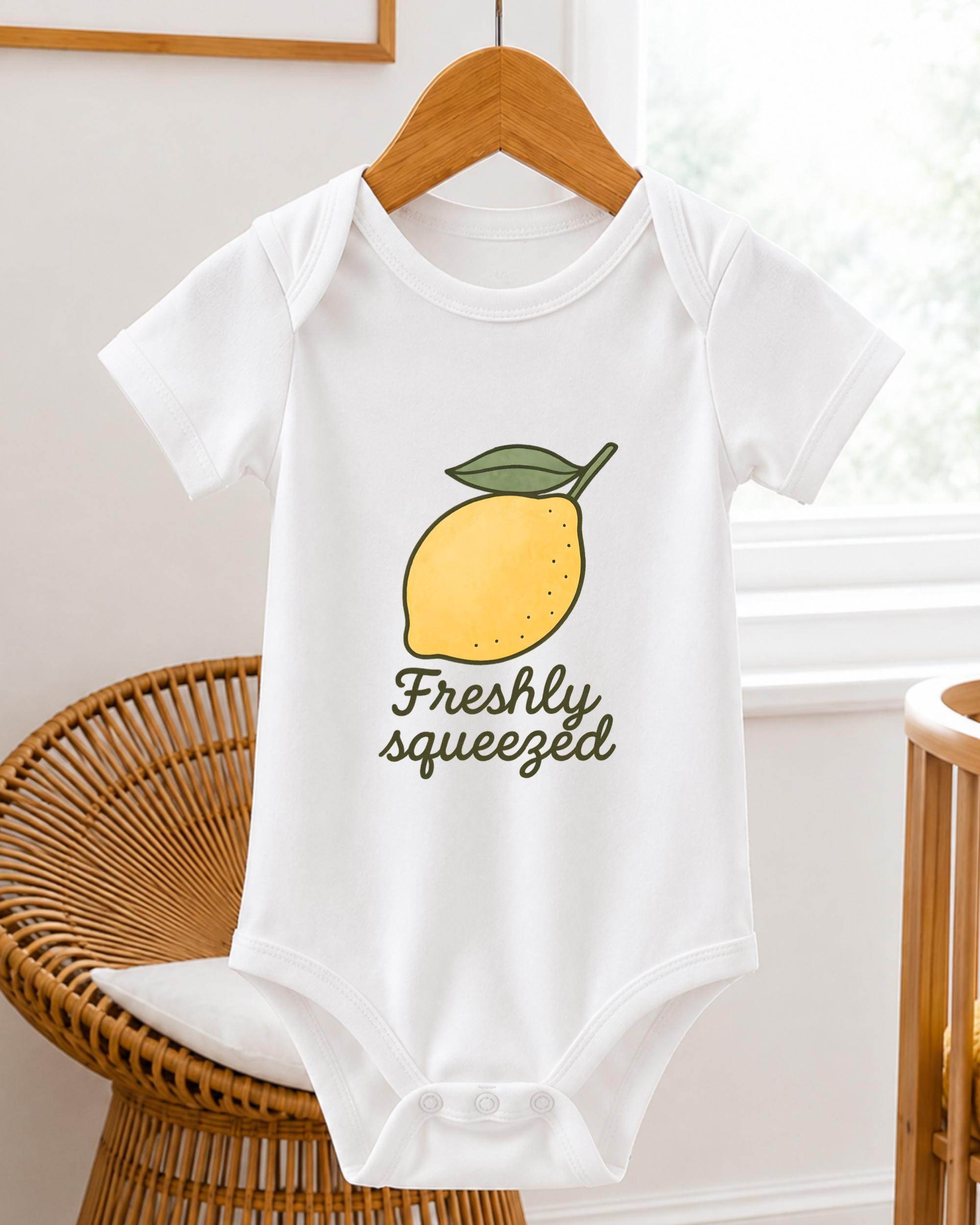 A white baby onesie with a lemon graphic and the text "Freshly squeezed" printed on it, hanging on a wooden hanger.