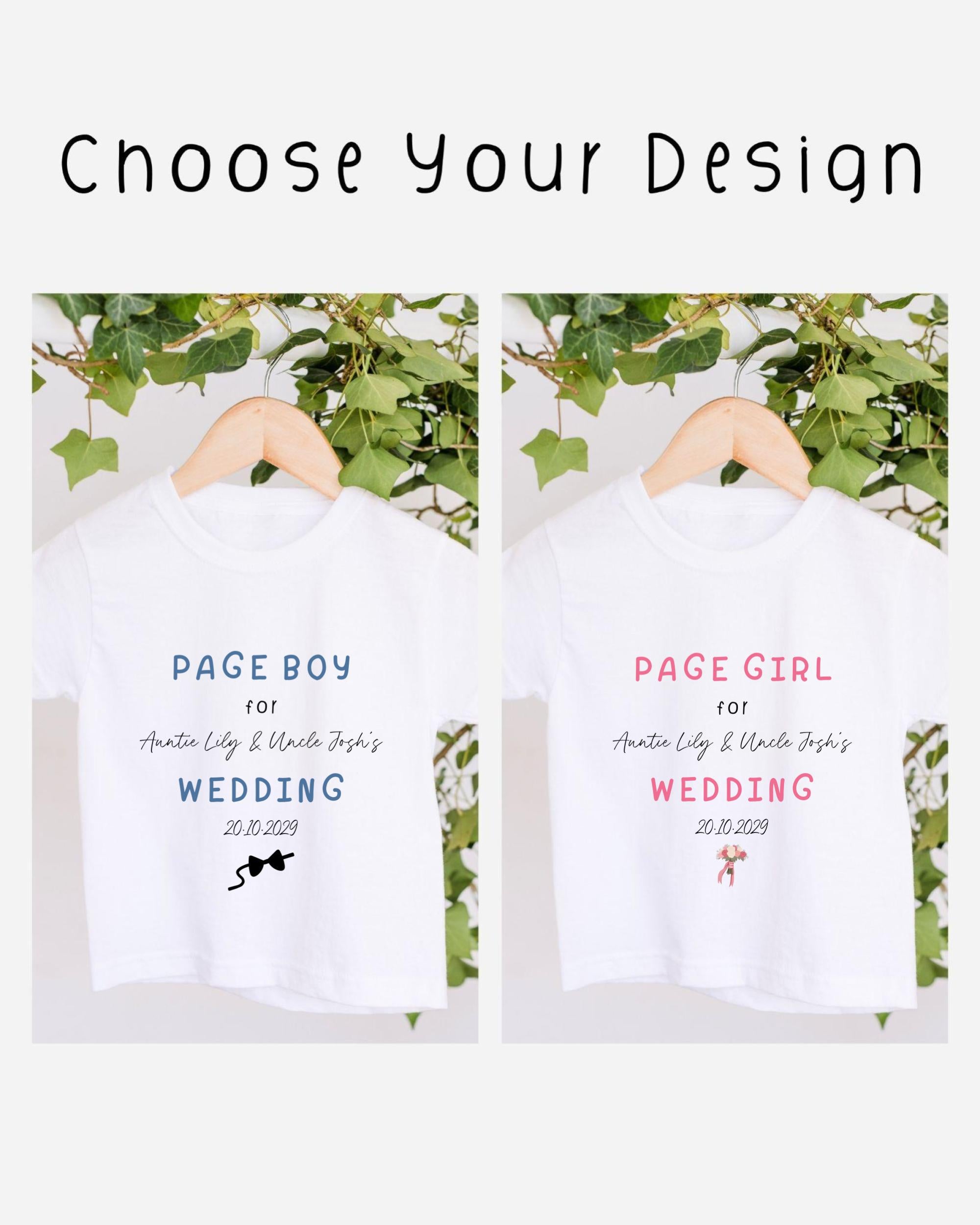two white t-shirts hanging on a wooden hanger, each with a different design and text. The text on the t-shirts reads "PAGE BOY for Austin Lily & Uncle Josh's WEDDING 20.09.2029" and "PAGE GIRL for Austin Lily & Uncle Josh's WEDDING 20.09.2029".