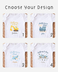 four different baby onesies with unique designs, each featuring a different theme related to construction or transportation.
