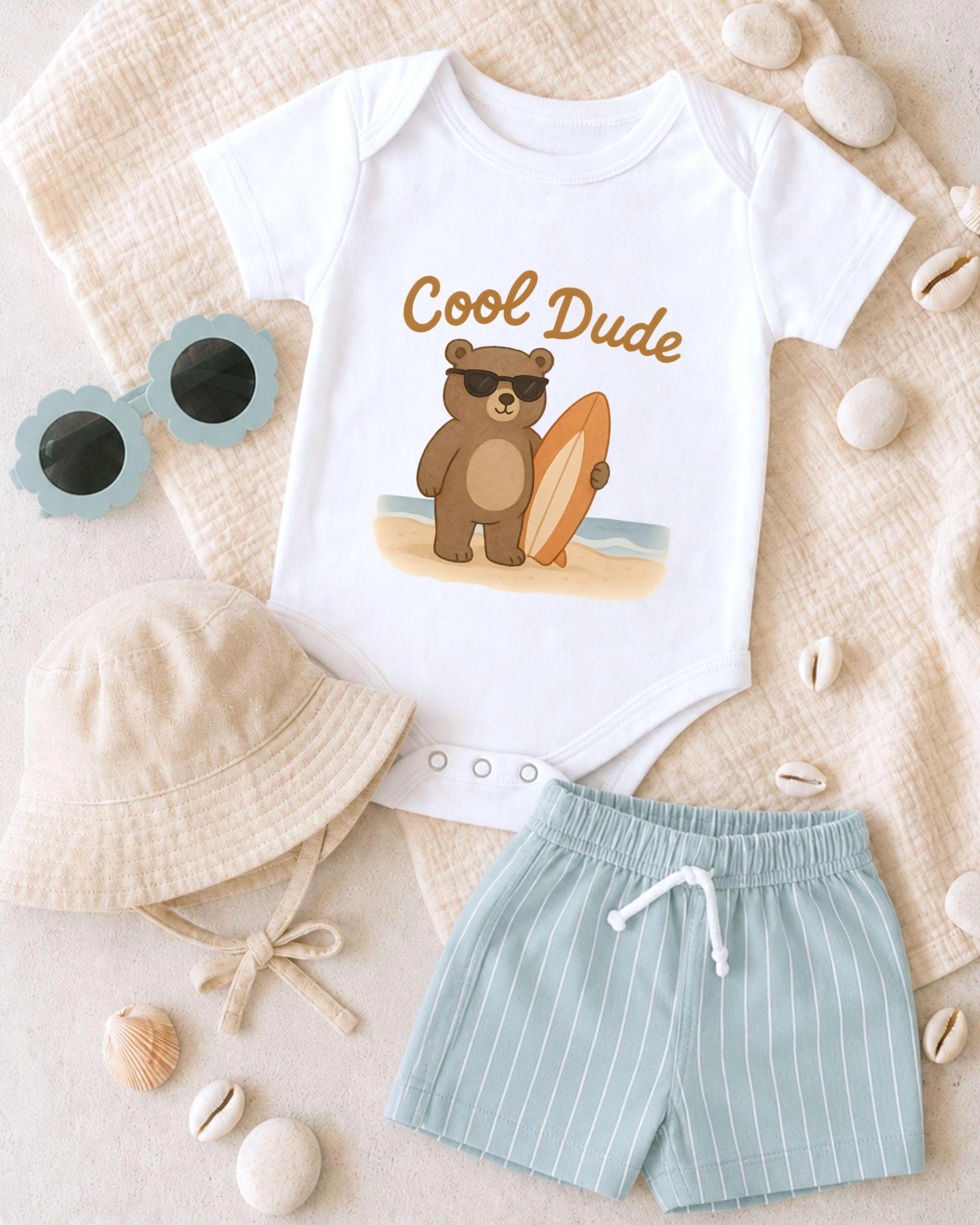 A baby's outfit, including a white onesie with a cartoon bear and the text "Cool Dude", a beige bucket hat, and light blue shorts, along with sunglasses and seashells, are arranged on a beige surface.