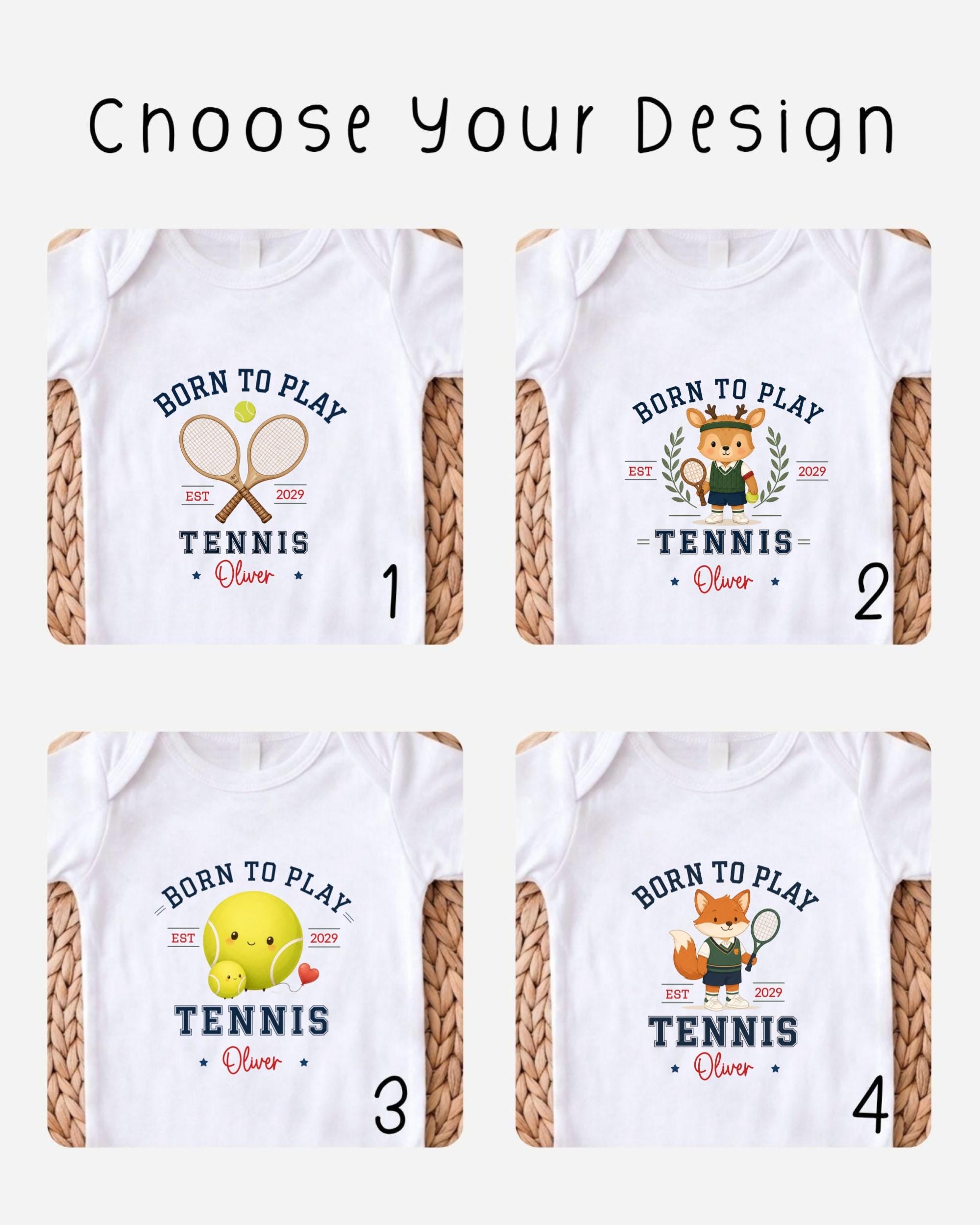 four different t-shirt designs featuring tennis-related graphics and text.