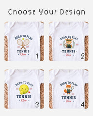 four different t-shirt designs featuring tennis-related graphics and text.