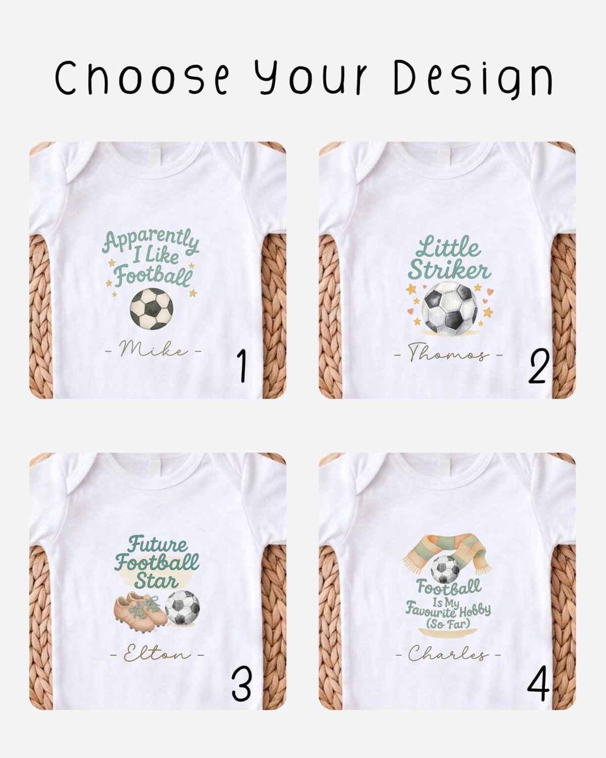 four different white t-shirts with various soccer-themed designs and text printed on them.