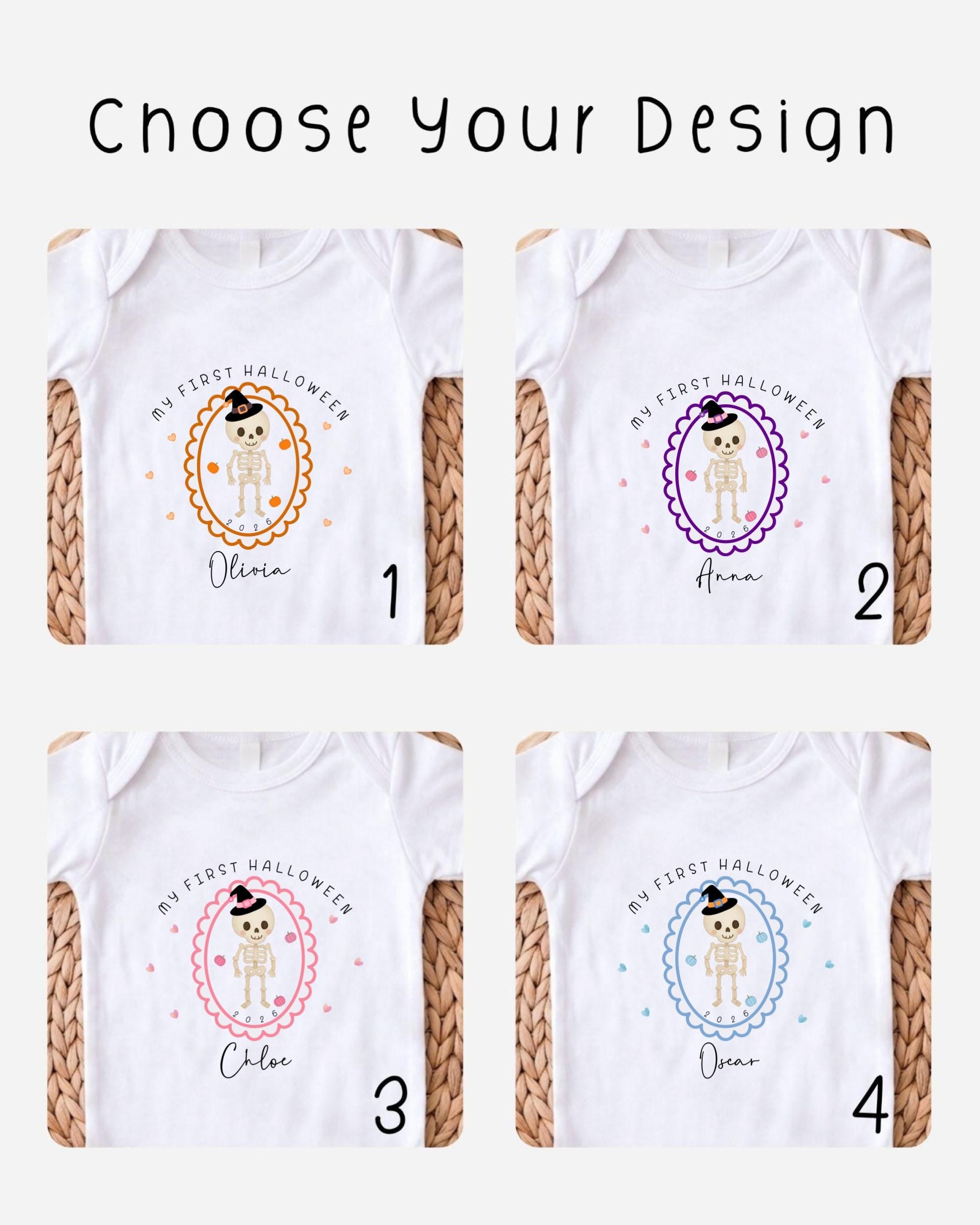 four different designs of white t-shirts, each featuring a cartoon character and the text "My first Halloween" printed on them.
