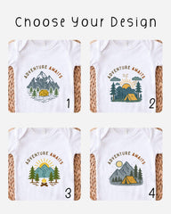 four different t-shirt designs featuring various camping and outdoor themes, including mountains, forests, tents, and campfires.