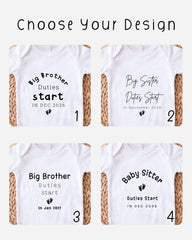 four different designs for baby shirts, each with a unique message related to the arrival of a sibling.