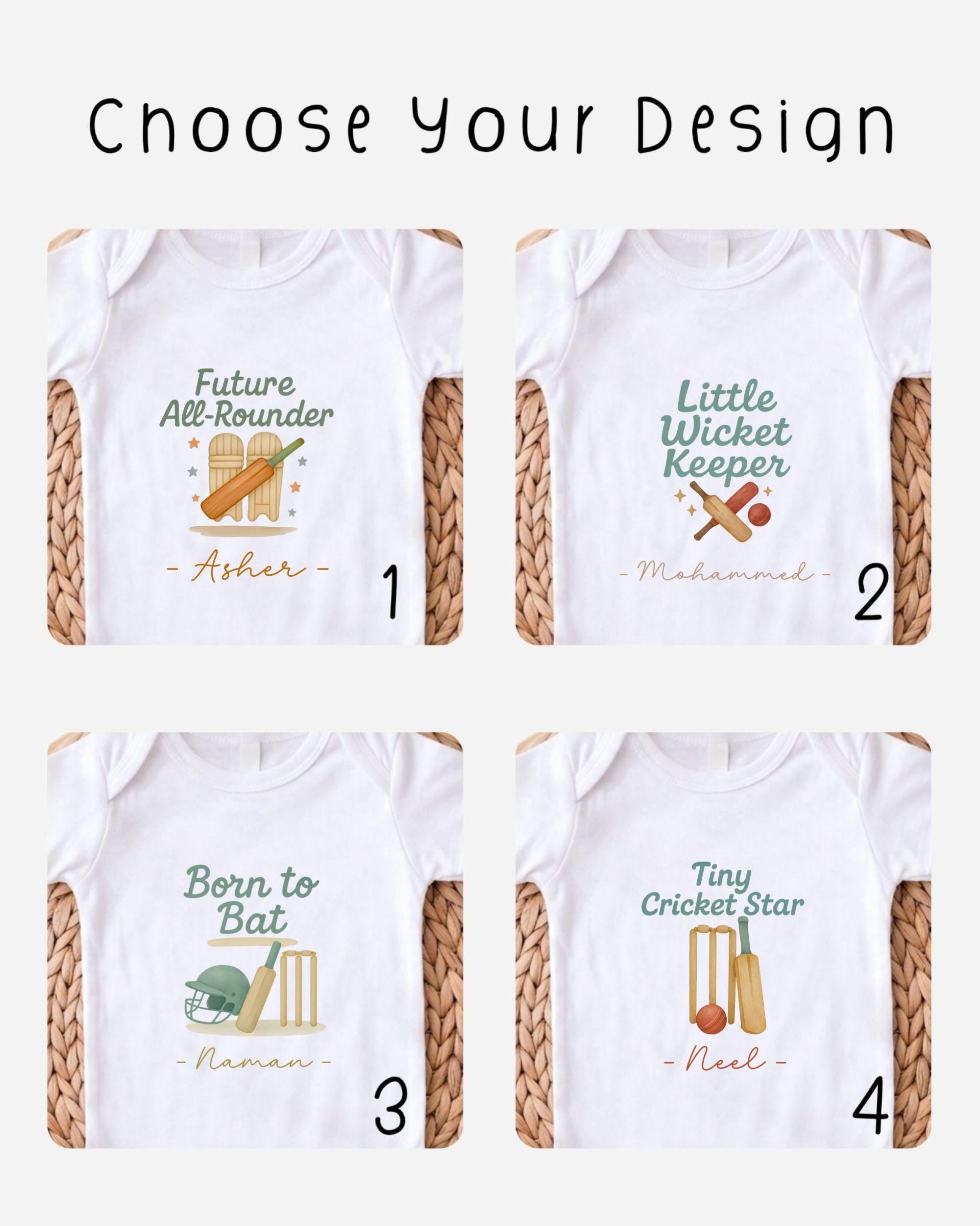 four different t-shirt designs featuring cricket-related graphics and text.