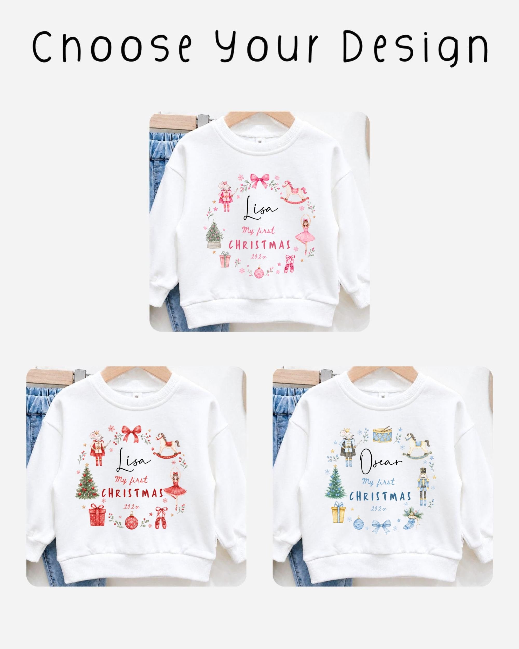a collage of three white sweatshirts with Christmas-themed designs, each featuring a different design and text. The text on the sweatshirts includes phrases like "My first Christmas" and "Dream Christmas".