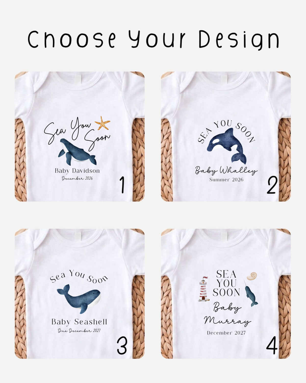 four different baby t-shirt designs with the text "Sea You Soon" and "Baby Whalley" printed on them.