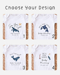 four different baby t-shirt designs with the text "Sea You Soon" and "Baby Whalley" printed on them.
